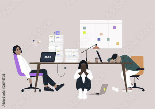 Three individuals navigate the pressures of a bustling office environment, battling fatigue and stress amid towering stacks of paperwork and digital distractions