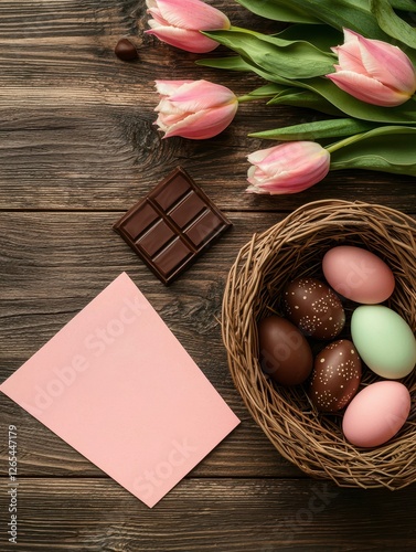 A cozy arrangement featuring pastel Easter eggs, chocolate, pink tulips, and a blank card on a rustic wooden surface.