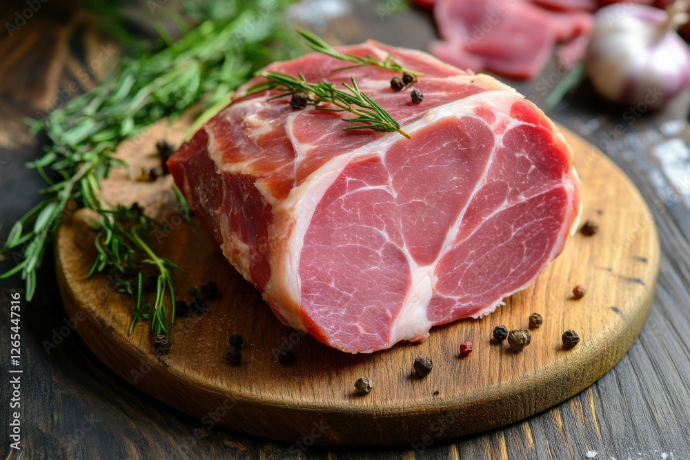 Ham Hock: Smoked Pork Meat with Herbs and Spices on Wooden Plate Ham Hock: Smoked Pork Meat with Herbs and Spices on Wooden Plate