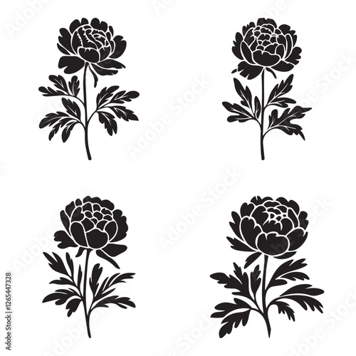 Four stylized, black silhouette peony flowers with leaves on a white background.