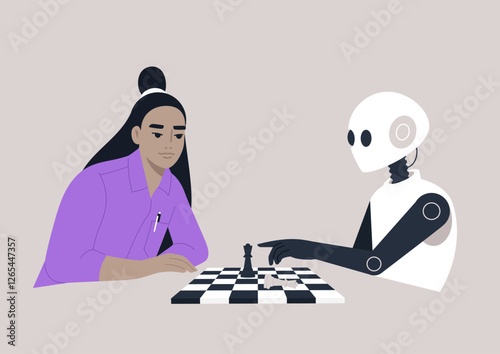 An intense game of chess occurs as a human player concentrates against a sophisticated robot opponent in a minimalist setting, The atmosphere is charged with anticipation