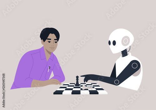 An intense game of chess occurs as a human player concentrates against a sophisticated robot opponent in a minimalist setting, The atmosphere is charged with anticipation