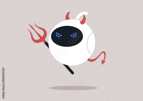 Risks and Disadvantages of modern technologies, a sinister robots dressed like a devil holding a pitchfork and displaying a blend of danger and mischief