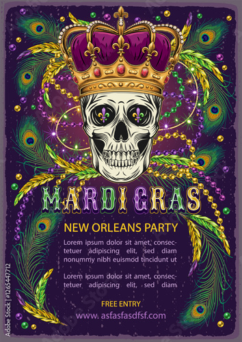 Mardi Gras carnival poster with human skull in imperial crown, scattered beads, bunch of beads, feathers, glossy text. A4 template in vintage style with copy space for party, events