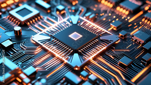 A close up of a computer motherboard with a circuit board in the background