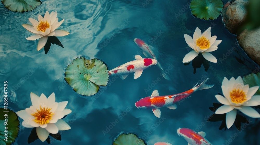 Obraz premium Koi Fish in Pond with White Water Lilies