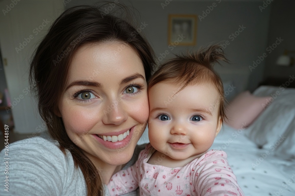 Happy mother making selfie with her cute infant baby daughter, sitting in bedroom at home. Motherhood moments, Generative AI Happy mother making selfie with her cute infant baby daughter, sitting in bedroom at home. Motherhood moments, Generative AI