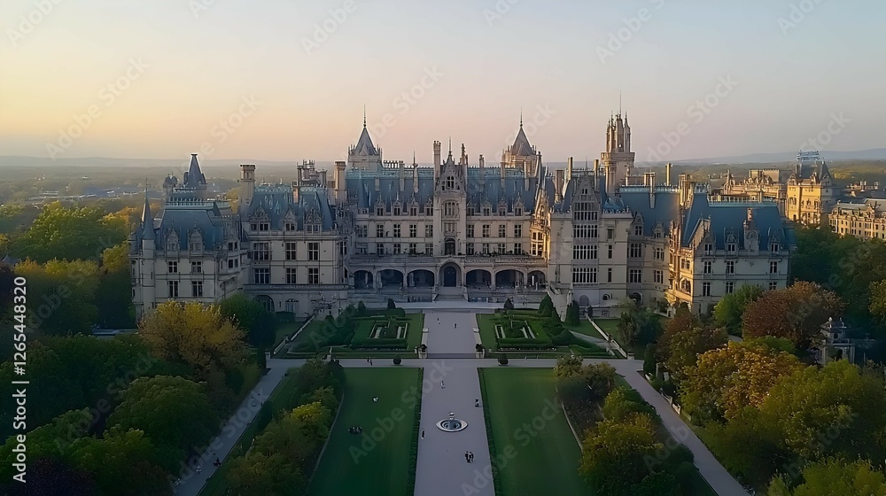 Fototapeta premium Grand Castle Estate at Sunset Aerial View