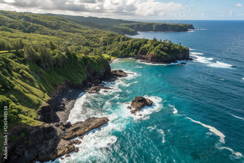A breathtaking aerial view of a rugged coastline where lush green tropical vegetation meets the deep blue ocean