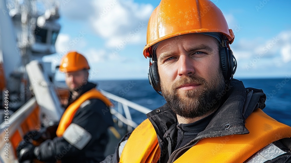 Crew members performing maritime duties vessel open ocean professional nautical environment close-up view teamwork concept Crew members performing maritime duties vessel open ocean professional nautical environment close-up view teamwork concept