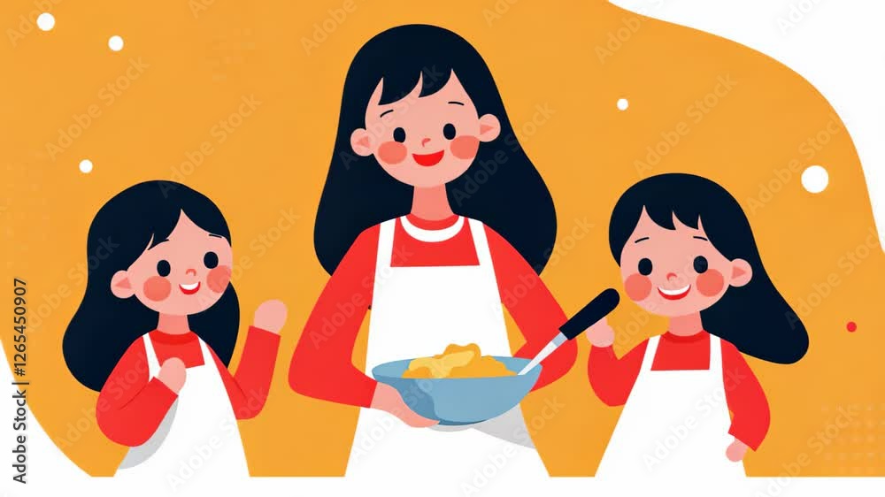 Mother and Two Daughters Cooking Together in Bright Kitchen with Joyful Expression and Aprons in Cartoon Style Family Bonding Scene Mother and Two Daughters Cooking Together in Bright Kitchen with Joyful Expression and Aprons in Cartoon Style Family Bonding Scene