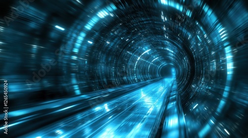3D render, an abstract futuristic background with a neon light tunnel tube and a speed motion blur effect.