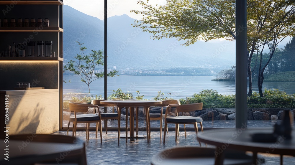 Fototapeta premium Lakeside cafe interior with mountain views
