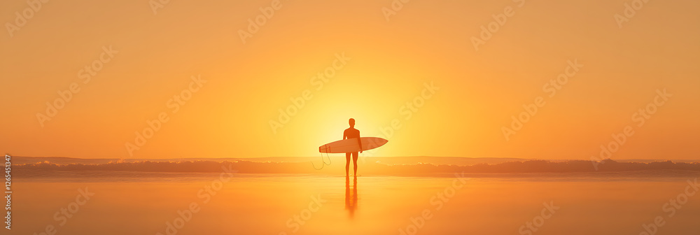Naklejka premium Surfer silhouetted against a vibrant golden sunset. The figure holds a board at the ocean's edge, creating a serene coastal moment.