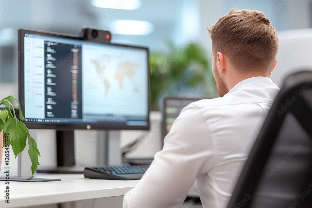 man working in modern office, focused on digital displays featuring world map, surrounded by plants and advanced technology, creating productive atmosphere
