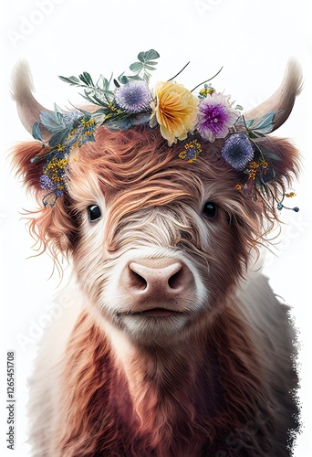 Watercolor highland cow portrait with flowers crown. Cartoon Cute character wildlife animal drawing poster print.  AI generative