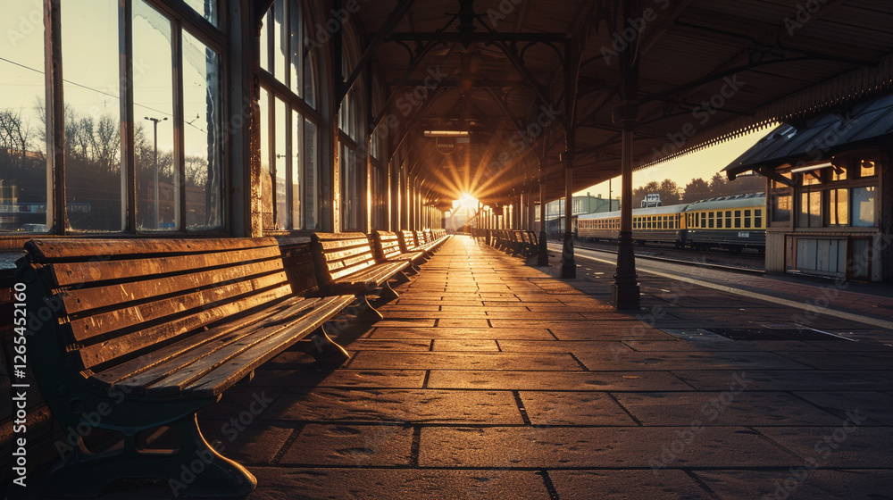 A nostalgic train station at sunset, with soft light filtering through the windows, highlighting vintage benches and an empty platform. A nostalgic train station at sunset, with soft light filtering through the windows, highlighting vintage benches and an empty platform.