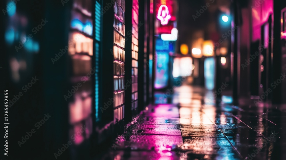 Fototapeta premium Futuristic cyberpunk alley with neon purple, pink, blue, silver accents