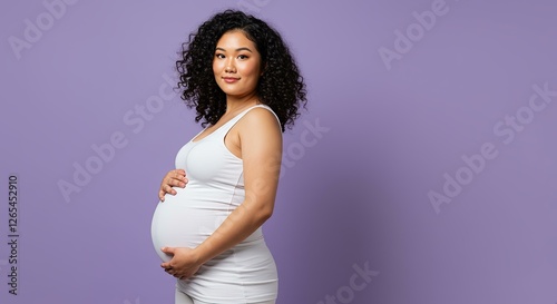 Pregnant Asian Woman White Tank Top Soft Purple Background - Maternity Photography Expecting Mothers, Family Planning, Maternity Products photo
