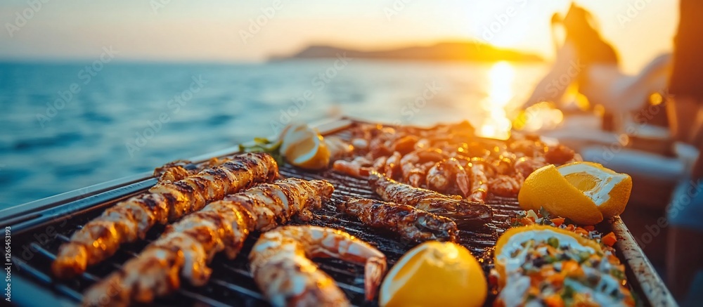 Naklejka premium Grilling seafood and meats on a sunny beachside with a vibrant sunset and ocean view