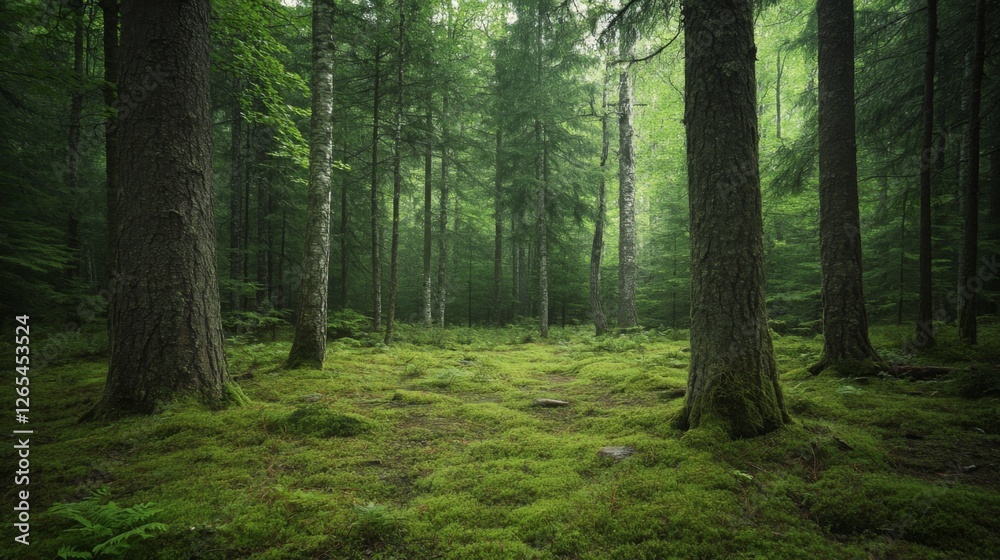 Naklejka premium Misty forest path, moss, trees, nature, background, tranquility, wallpaper