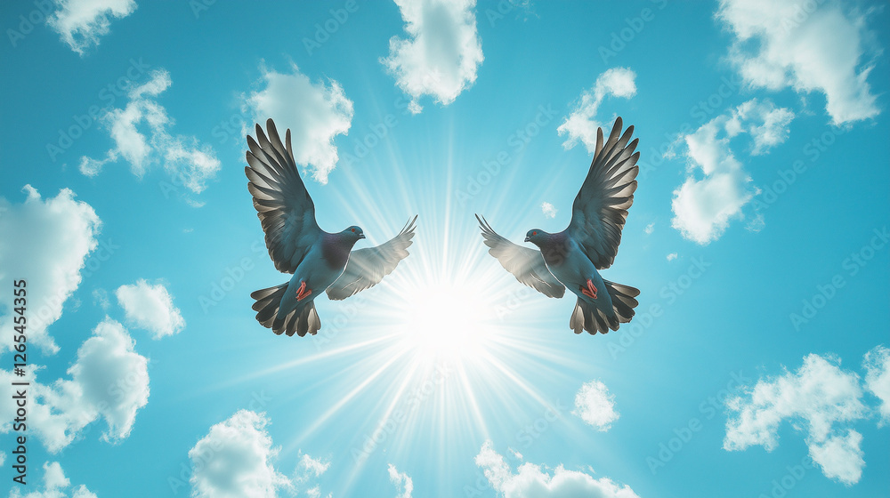 Obraz premium Two Pigeons Flying Towards Sun in Bright Sky - Image of Hope and Freedom for Spiritual Themes, Nature, and Uplifting Concepts