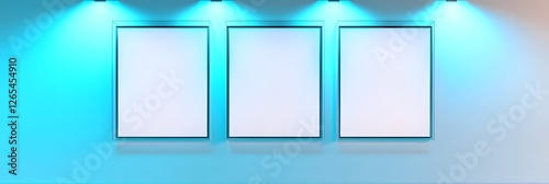 A rectangular white wall with five cyan spotlights, showcasing three rectangular blank frames horizontally aligned. The translucent glowing panels add a futuristic touch.