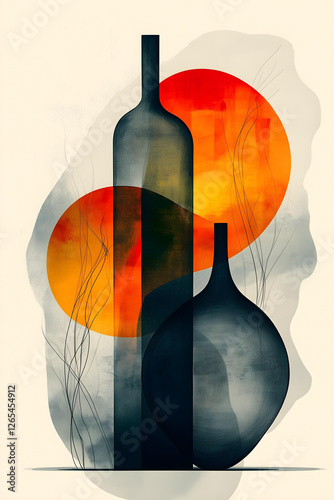Dessin abstrait orange et noir d'une jarre et une bouteille