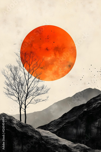 Paysage abstrait orange et noir avec un arbre, des collines et un soleil rouge
