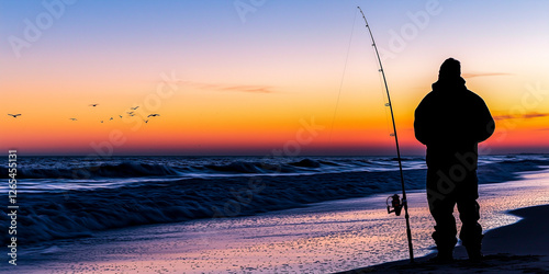 Silhouette of a fisherman fishing on the beach at sunset - angling and surfcasting fishing concept