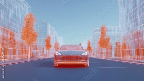 Futuristic electric car on city street with transparent buildings photo