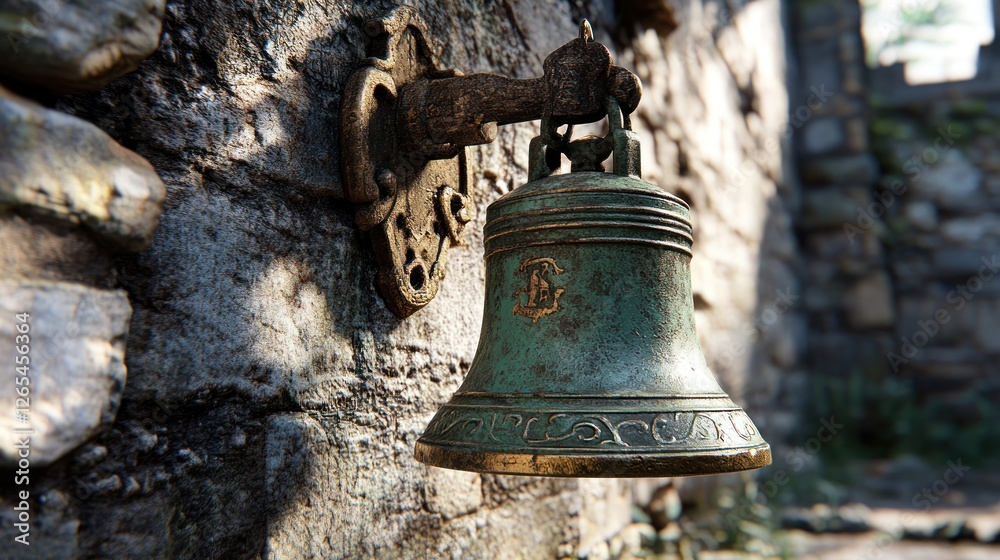 Obraz premium Ancient bronze bell, stone wall, ruins, sunlight, game asset