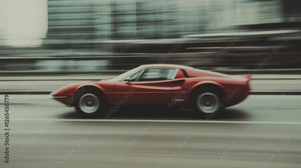 Red sports car speeding city street, blurred background, motion Red sports car speeding city street, blurred background, motion