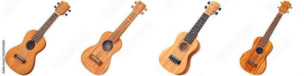 Obraz premium Retro pixel art and songs, A collection of ukuleles showcasing different shapes and finishes, highlighting their wooden craftsmanship and unique designs.
