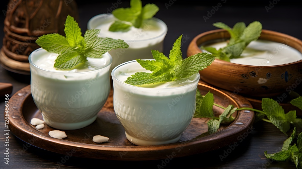 Close-up of laban yogurt drink served at table. Ramadan dishes. Close-up of laban yogurt drink served at table. Ramadan dishes.