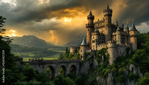 Majestic Castle Landscape Dramatic Sunset Bridge