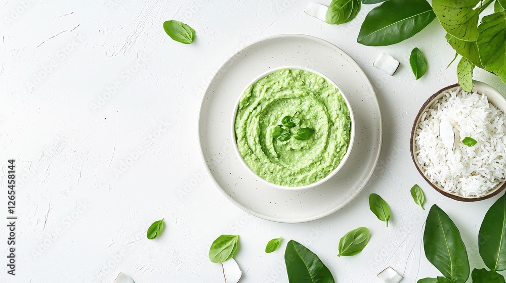 Creamy green avocado dip with fresh basil leaves and rice on a white textured background Creamy green avocado dip with fresh basil leaves and rice on a white textured background