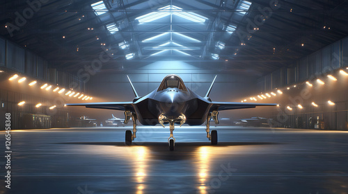 F-35 stealth, military aircraft hangar. Advanced military technology fighter jet squadron in the hangar. 