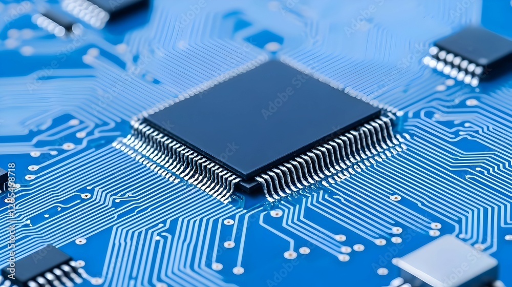 Close-Up of a Blue Circuit Board with a Central Microchip Close-Up of a Blue Circuit Board with a Central Microchip