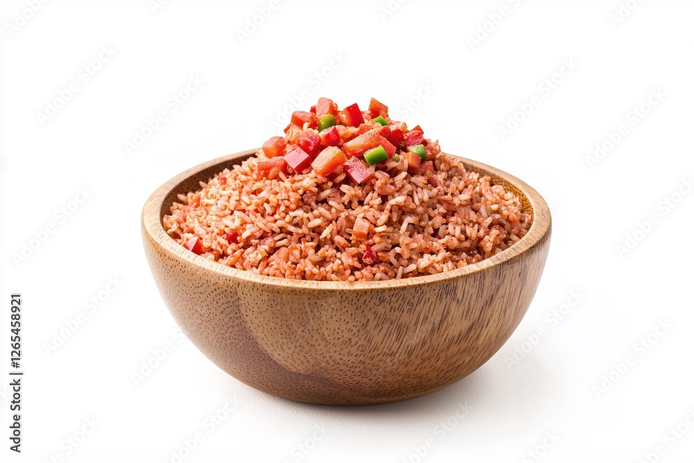 Delicious fried rice with diced red peppers and green peas served in a wooden bowl Delicious fried rice with diced red peppers and green peas served in a wooden bowl