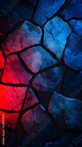 Dark cracked stone texture with neon blue and red light reflections