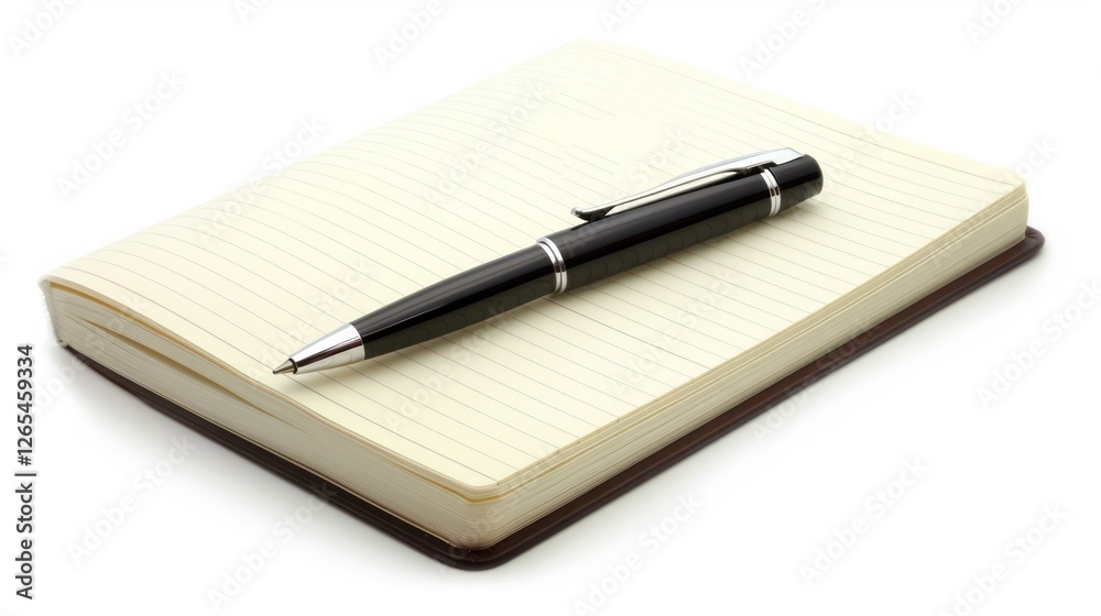 A clean white notebook with a pen lying on top of it, on a white background. A clean white notebook with a pen lying on top of it, on a white background.