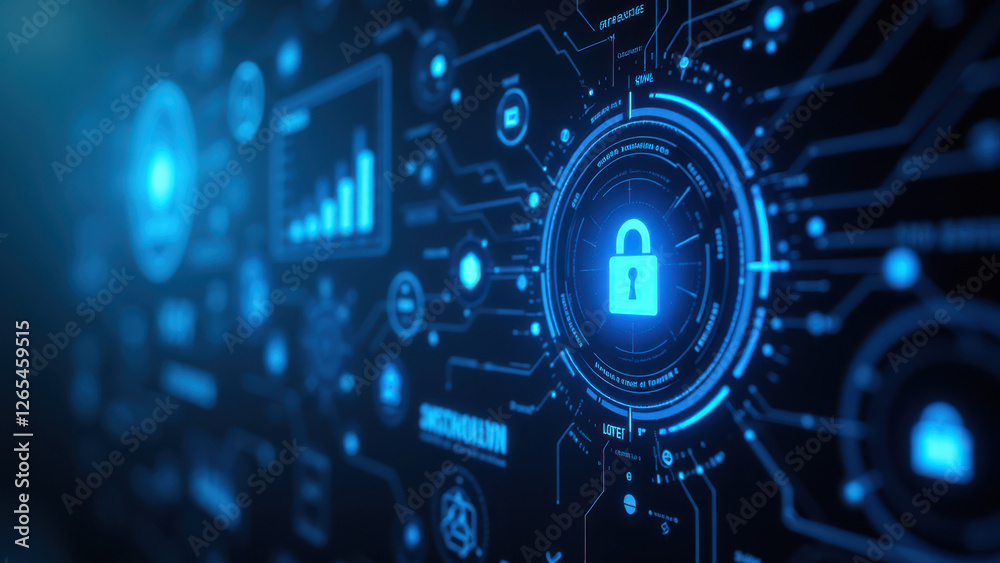 Obraz premium Cybersecurity concept with glowing interface, lock symbol at center, emphasizing data protection.