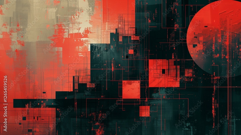 Abstract Red and Black Geometric Composition with Grunge Texture and Circuitry Elements Abstract Red and Black Geometric Composition with Grunge Texture and Circuitry Elements