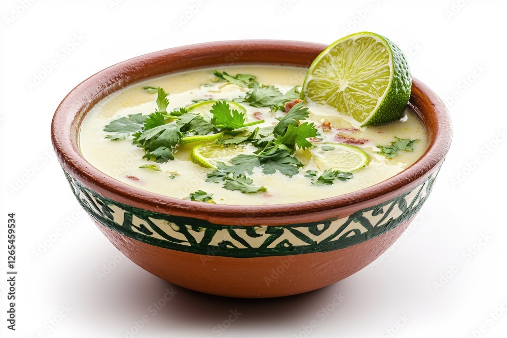Creamy and Delicious Lime Soup in an Earthenware Bowl Garnished with Fresh Cilantro Leaves Creamy and Delicious Lime Soup in an Earthenware Bowl Garnished with Fresh Cilantro Leaves