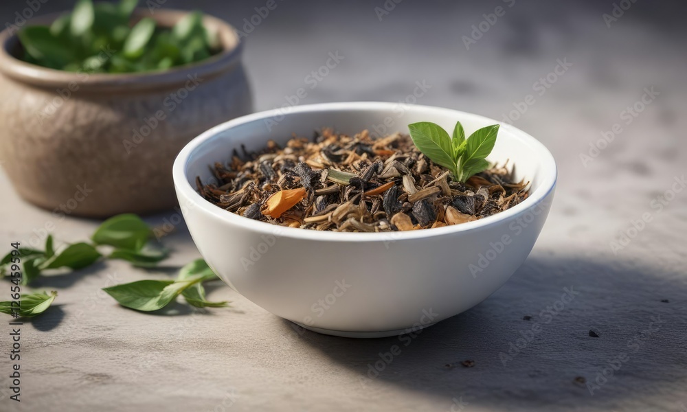 Sugar and tea leaves together in a small bowl, loose leaf, dry goods Sugar and tea leaves together in a small bowl, loose leaf, dry goods
