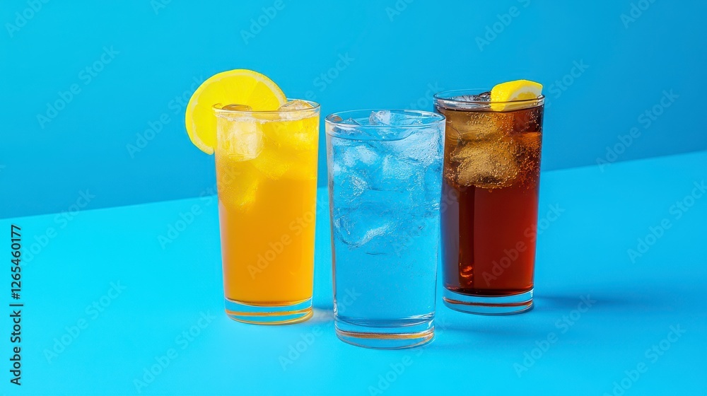 Refreshing Summer Beverages in Clear Glasses Against Blue Background Refreshing Summer Beverages in Clear Glasses Against Blue Background