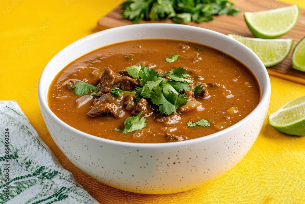 Hearty beef stew with fresh cilantro and lime wedges on a bright yellow background Hearty beef stew with fresh cilantro and lime wedges on a bright yellow background