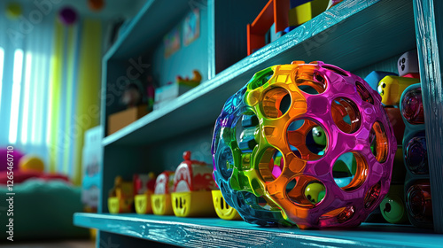 Colorful children's toy ball on a shelf filled with various playful items in a bright room