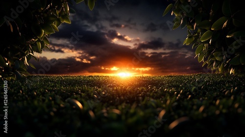 Sunset paints the horizon over a serene field of vibrant verdure photo